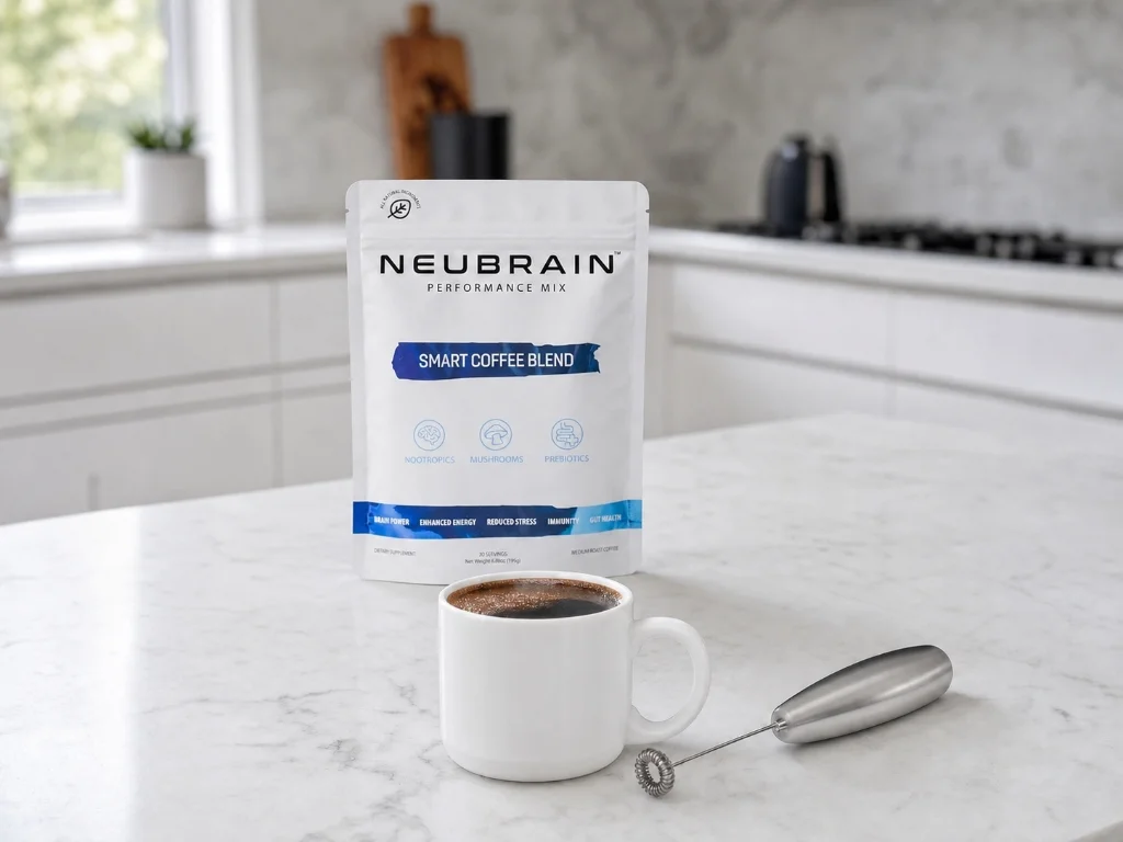 Neubrain Smart Coffee pouch and mug with milk frother on kitchen counter