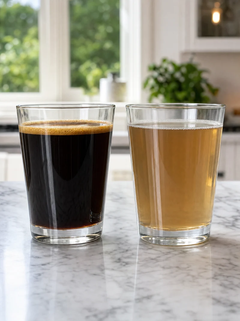 A glass of strong dark coffee beside a glass of thin, pale, watery coffee