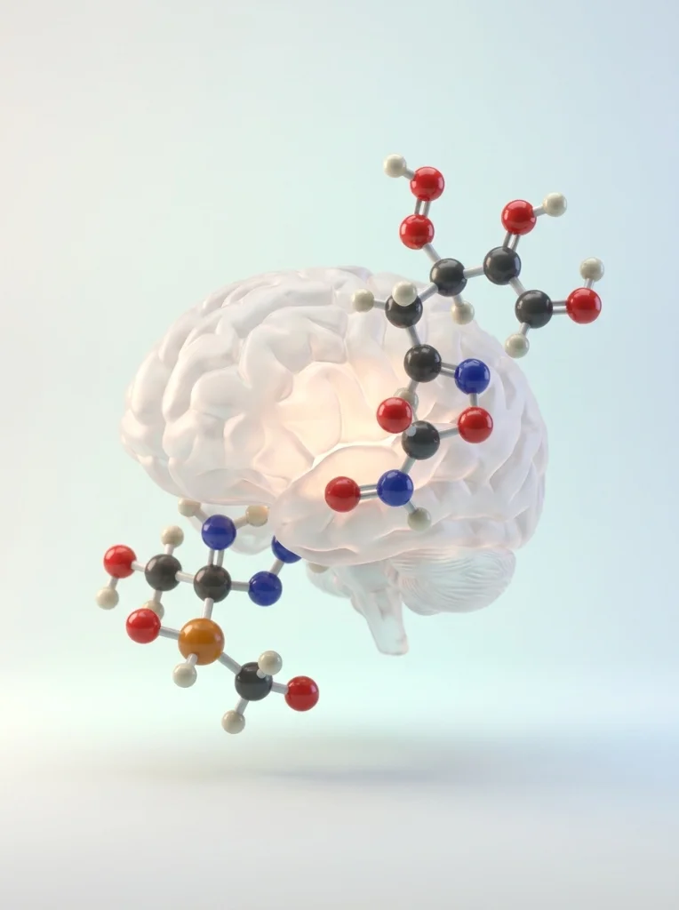 3D render of a transparent brain with molecular structure models overlaying it, illustrating Alpha-GPC cognitive effects
