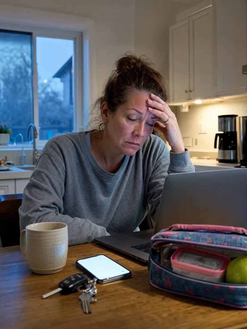 A tired woman at a kitchen table before dawn with a laptop, keys and a packed lunchbox