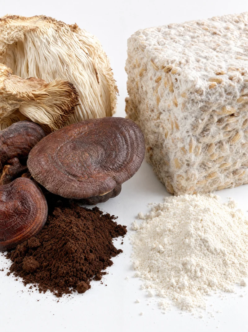 Whole fruiting-body mushrooms and dark extract beside a block of oat grain mycelium and pale starchy powder