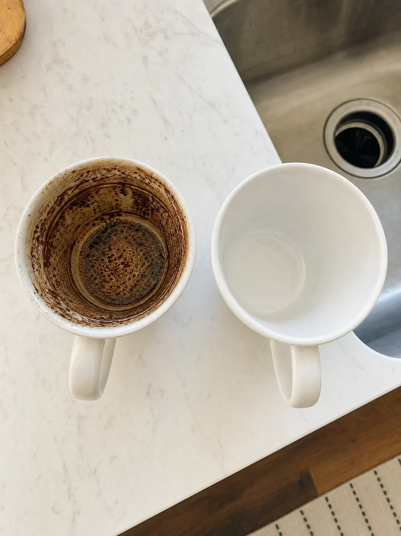Two mugs seen from above, one caked with dark sludge and one completely clean