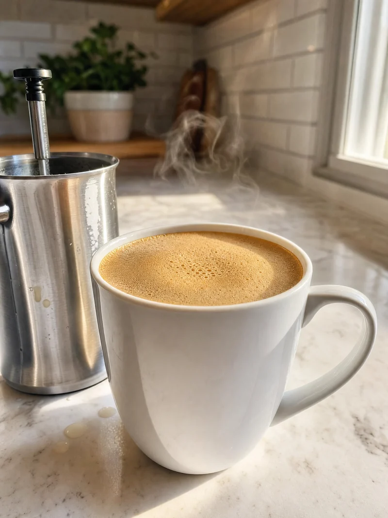 A white mug of dark coffee under a thick even layer of golden crema on a kitchen counter