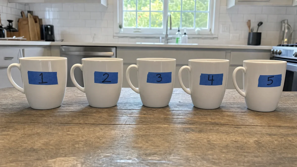 Five numbered cups in a row representing a home science field test of competitor brands.