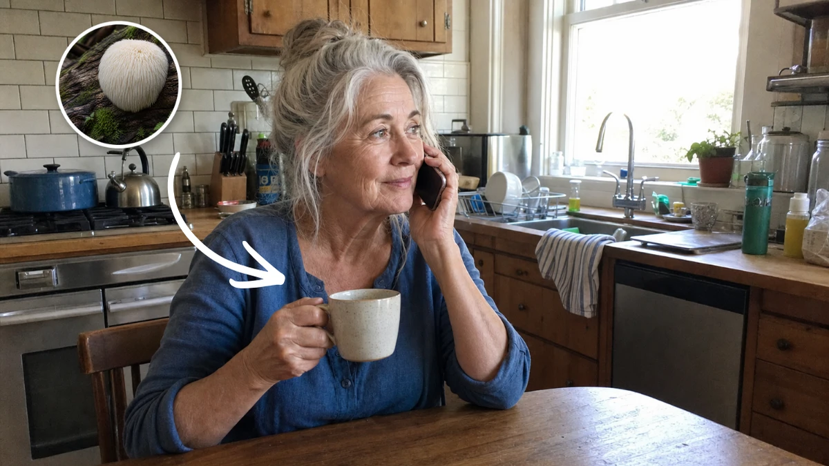 Dana, mid-40s, kitchen counter, mug in hand