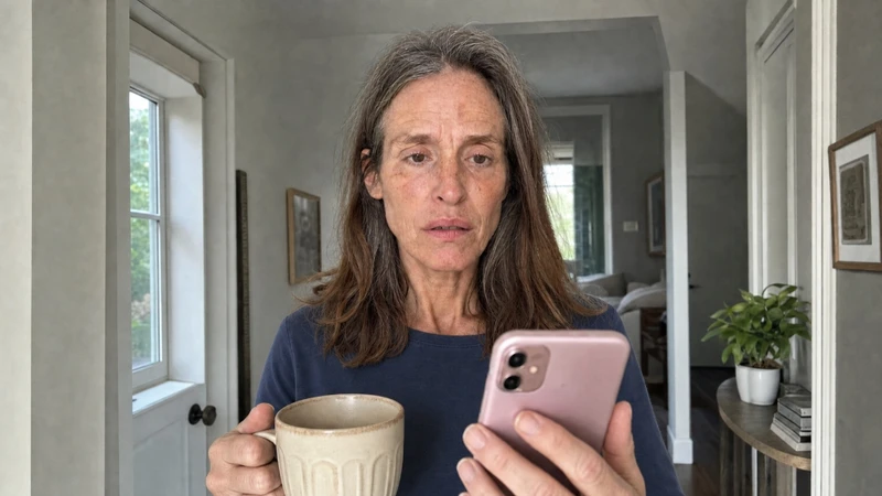 Standing in hallway looking at phone with distracted brain fog