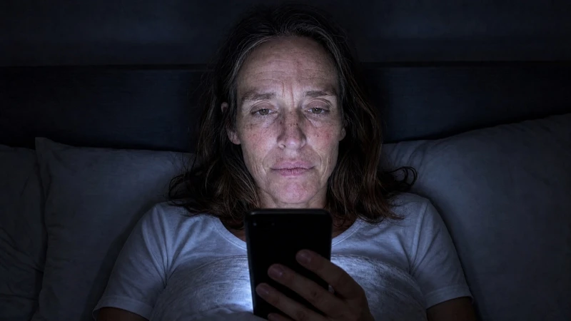 Woman awake in bed looking at phone screen in the dark