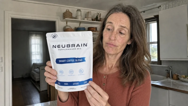 Skeptical woman holding bag of Neubrain Smart Coffee in kitchen