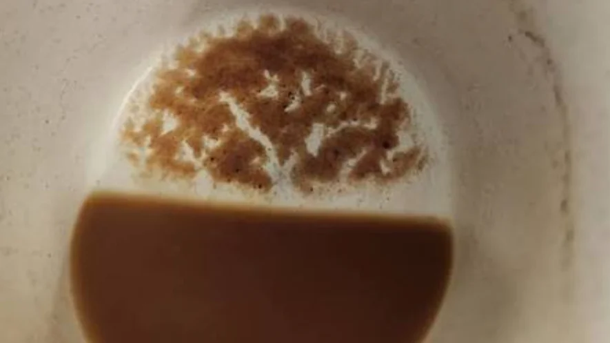 Macro view into an emptied mug showing grit, clumps, and a muddy sediment ring.